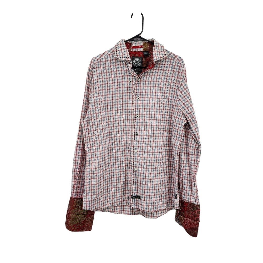 English Laundry Men's 100% Cotton Flip Cuffs Grid Print Button Front Shirt - L